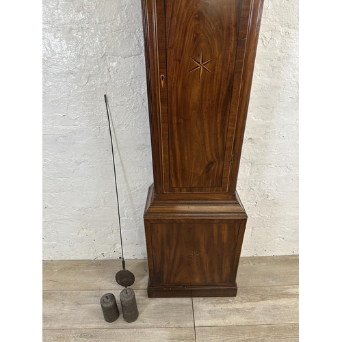 176 - An 18th century inlaid mahogany cased grandfather clock with pendulum, weights and winder - approx. ... 