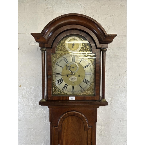 176 - An 18th century inlaid mahogany cased grandfather clock with pendulum, weights and winder - approx. ... 