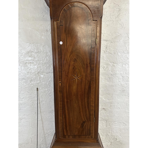 176 - An 18th century inlaid mahogany cased grandfather clock with pendulum, weights and winder - approx. ... 