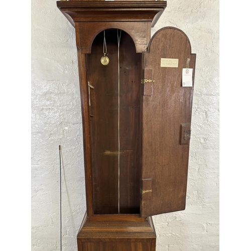 176 - An 18th century inlaid mahogany cased grandfather clock with pendulum, weights and winder - approx. ... 