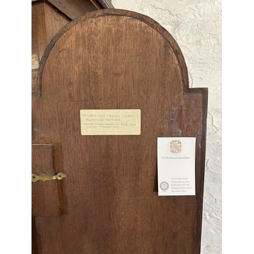 176 - An 18th century inlaid mahogany cased grandfather clock with pendulum, weights and winder - approx. ... 