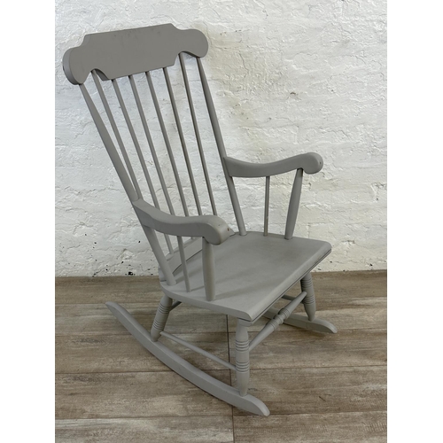 40 - A Victorian style grey painted spindle back farmhouse rocking chair - approx. 101cm high x 60cm wide... 