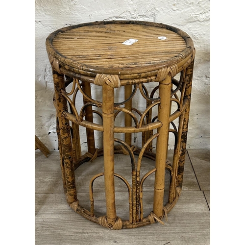 46 - Five pieces of wicker and bamboo furniture, one bottle rack, one magazine rack, one circular side ta... 