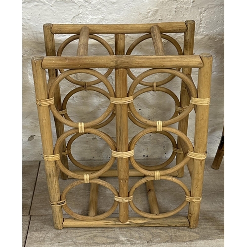 46 - Five pieces of wicker and bamboo furniture, one bottle rack, one magazine rack, one circular side ta... 