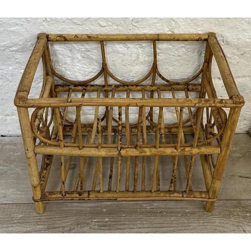 46 - Five pieces of wicker and bamboo furniture, one bottle rack, one magazine rack, one circular side ta... 