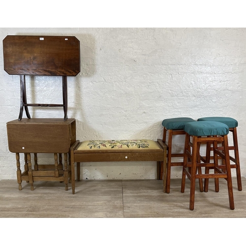 57 - Six pieces of furniture, three mid 20th century stained beech and green fabric upholstered stools, o... 