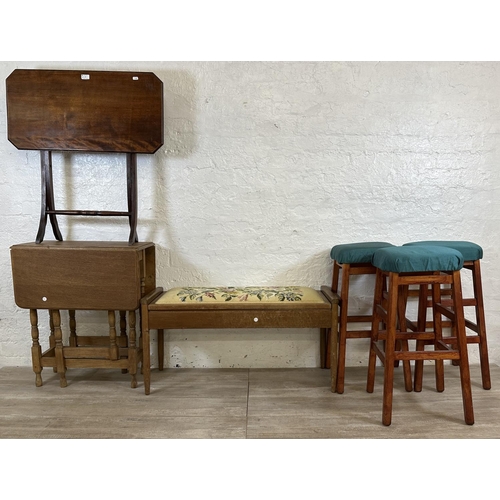 57 - Six pieces of furniture, three mid 20th century stained beech and green fabric upholstered stools, o... 