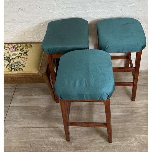 57 - Six pieces of furniture, three mid 20th century stained beech and green fabric upholstered stools, o... 