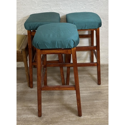 57 - Six pieces of furniture, three mid 20th century stained beech and green fabric upholstered stools, o... 