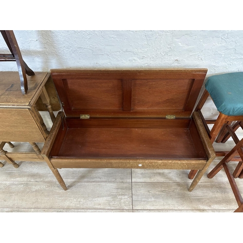 57 - Six pieces of furniture, three mid 20th century stained beech and green fabric upholstered stools, o... 