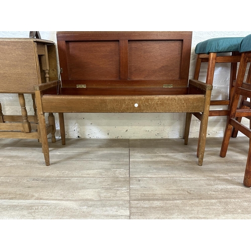 57 - Six pieces of furniture, three mid 20th century stained beech and green fabric upholstered stools, o... 