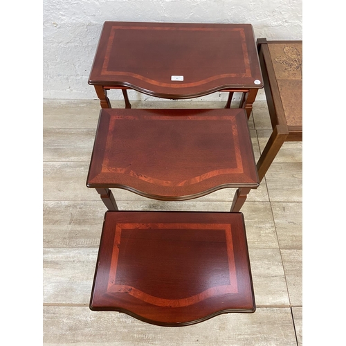 61 - Two pieces of furniture, one mid 20th century teak ceramic tile top side table and one mahogany nest... 