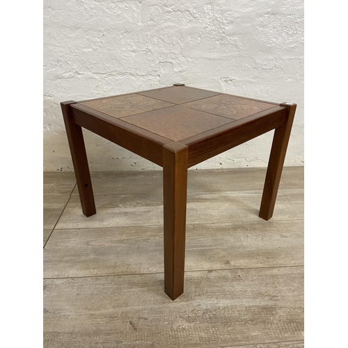 61 - Two pieces of furniture, one mid 20th century teak ceramic tile top side table and one mahogany nest... 