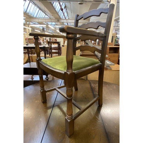 65 - A Priory oak dining table and four green fabric upholstered chairs - approx. 78cm high x 122cm wide ... 