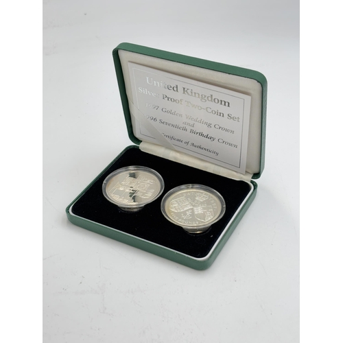 2321 - A boxed The Royal Mint .925 silver proof two coin set comprising 1996 70th Birthday of HM Queen Eliz... 