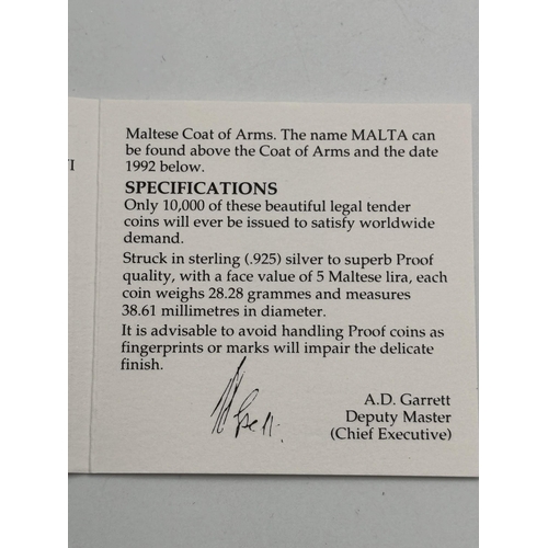 2348 - A boxed Royal Mint Malta 1992 .925 silver proof LM5 coin with certificate of authenticity - approx. ... 