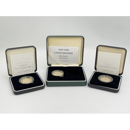 2361 - Three boxed Royal Mint United Kingdom .925 silver and gold plated £2 proof coins with certificates o... 