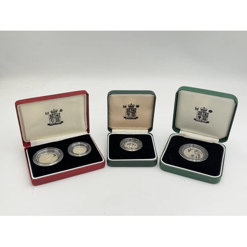 2362 - Three boxed Royal Mint .925 silver proof coins and sets with certificates of authenticity, one 1990 ... 