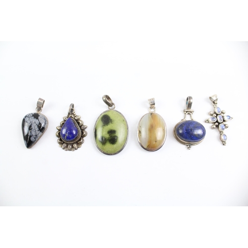 2072 - Six sterling silver gemstone pendants to include snowflake obsidian etc. - approx. gross weight 69g