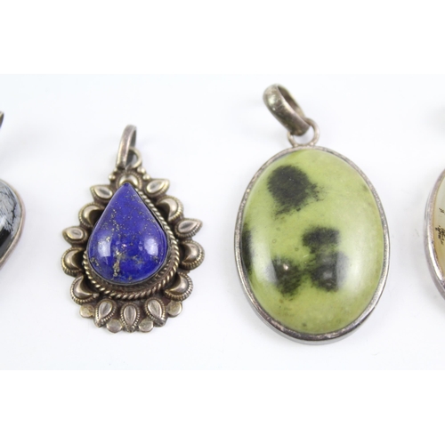 2072 - Six sterling silver gemstone pendants to include snowflake obsidian etc. - approx. gross weight 69g