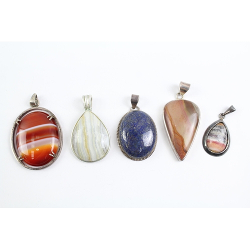 2078 - Five sterling silver gemstone pendants to include lapis lazuli, agate etc. - approx. gross weight 72... 