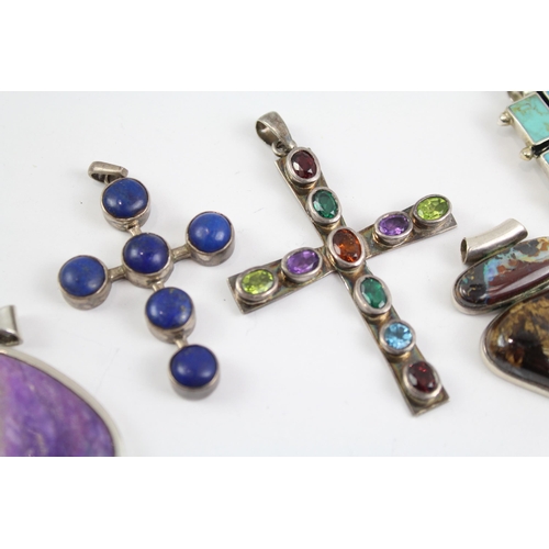 2097 - Six sterling silver gemstone pendants to include moonstone, lapis lazuli - approx. gross weight 72g