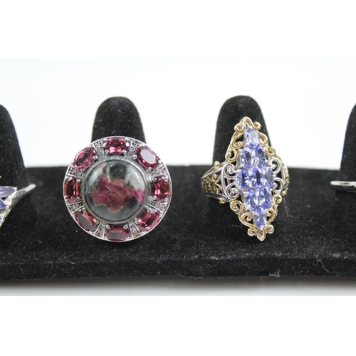 2116 - Seven sterling silver gemstone rings to include tanzanite, garnet etc. - approx. gross weight 42g