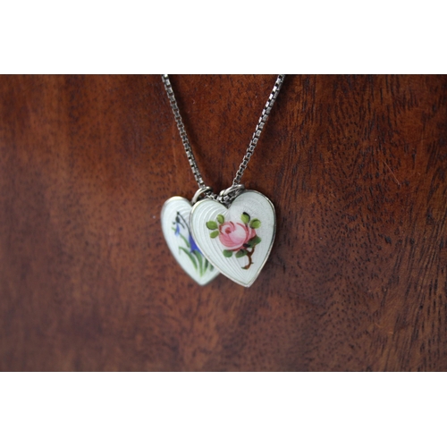 2117 - Two Norwegian Finn Jensen sterling silver and enamel heart shaped floral pendants on .925 silver box... 