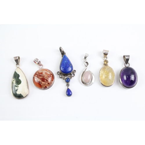 2120 - Six sterling silver gemstone pendants to include rutilated quartz etc. - approx. gross weight 65g