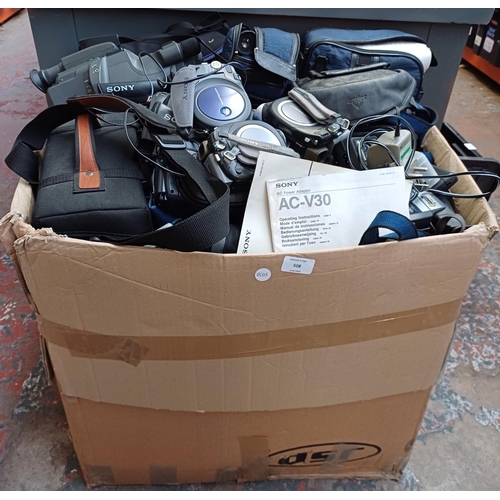 508 - A box containing a very large collection of Sony Handycam camcorders and accessories