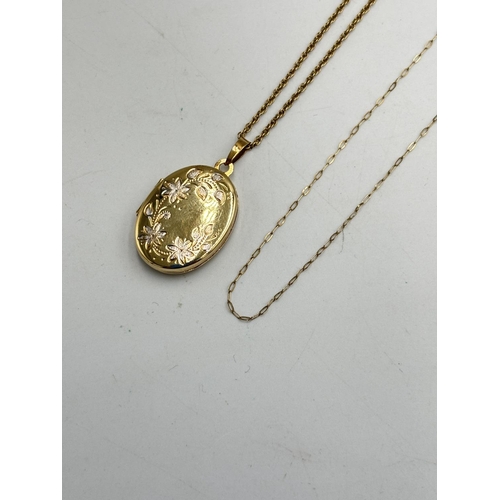 2124 - Two pieces of 9ct gold jewellery, one chain necklace and one foliate etched pendant necklace - appro... 