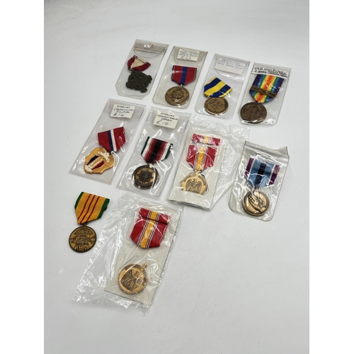 2490 - Ten United States of America medals to include WWI Victory, WWI New York Mount Vernon Service, Human... 