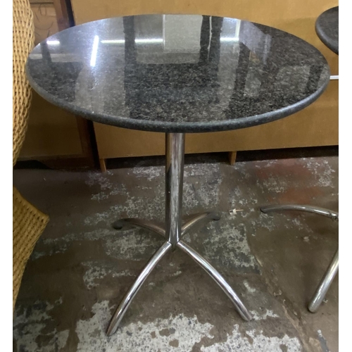 83 - Three granite and chrome plated circular bistro tables - approx. 74cm high x 60cm diameter