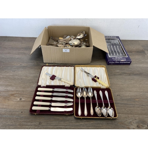 301 - A collection of EPNS and stainless steel cutlery to include boxed set of six Arthur Price steak kniv... 