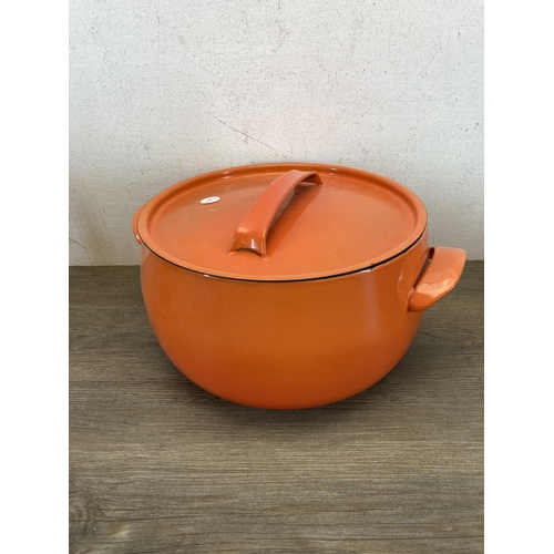 302 - Four pieces of metalware, one Le Creuset blue enamelled cast iron frying pan, one Le Creuset no. 25 ... 