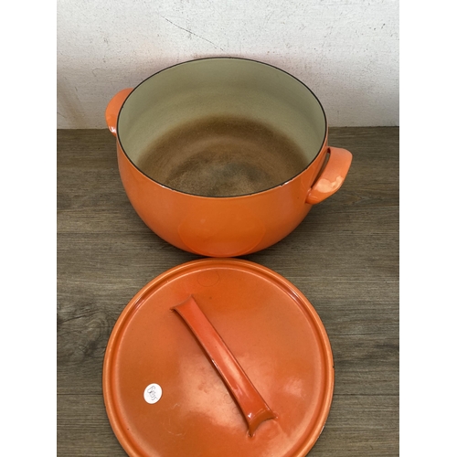 302 - Four pieces of metalware, one Le Creuset blue enamelled cast iron frying pan, one Le Creuset no. 25 ... 