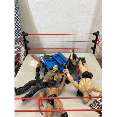 309 - A collection of WWE and WWF wrestling figurines and accessories to include Jeff Hardy, The Rock, The... 