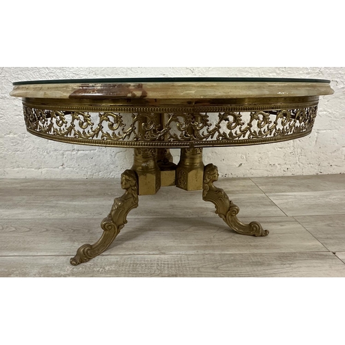 13 - A Rococo style onyx and gilt metal circular tripod pedestal coffee table with glass top - approx. 46... 