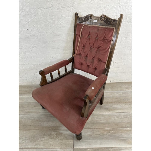 152 - A late Victorian/Edwardian carved beech and fabric upholstered parlour chair