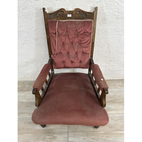 152 - A late Victorian/Edwardian carved beech and fabric upholstered parlour chair