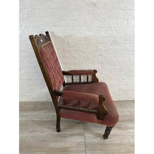 152 - A late Victorian/Edwardian carved beech and fabric upholstered parlour chair