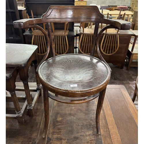 170 - Three pieces of furniture, one Thonet style embossed plywood and bentwood bistro chair, one oak nest... 