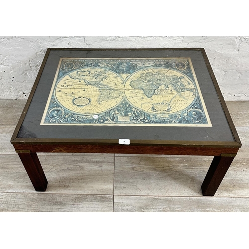 178 - A mid 20th century mahogany and brass banded coffee table with glass top and printed map design - ap... 