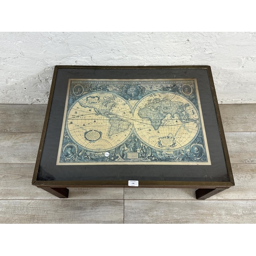 178 - A mid 20th century mahogany and brass banded coffee table with glass top and printed map design - ap... 