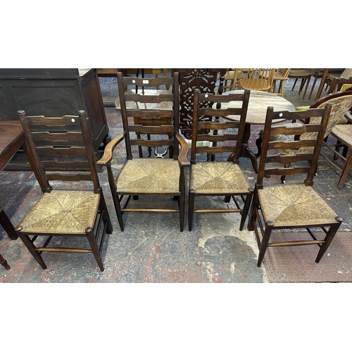 179 - Four 19th century beech and rush seated Lancashire dining chairs