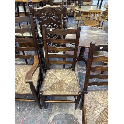 179 - Four 19th century beech and rush seated Lancashire dining chairs