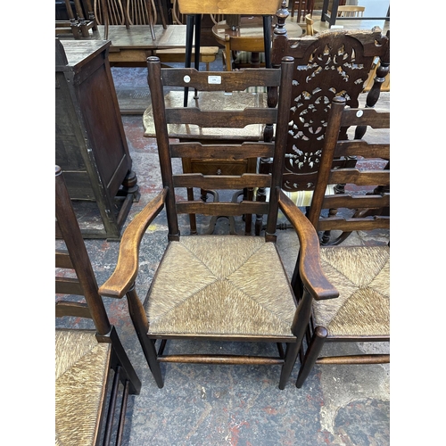 179 - Four 19th century beech and rush seated Lancashire dining chairs