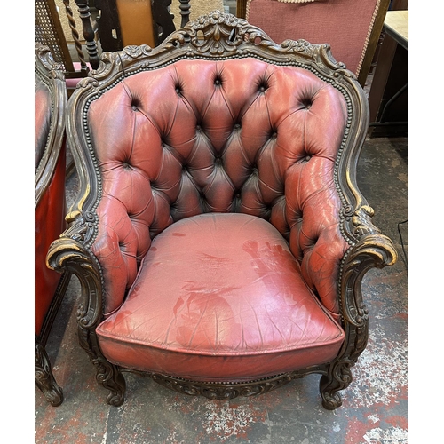 181 - A French Louis XV style carved beech and red leather three piece parlour suite comprising three seat... 