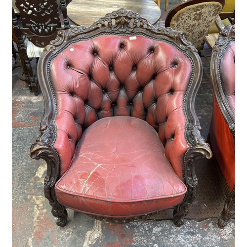 181 - A French Louis XV style carved beech and red leather three piece parlour suite comprising three seat... 