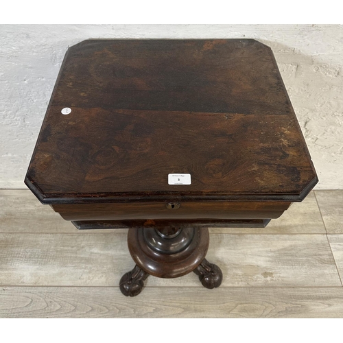 3 - A 19th century rosewood teapoy on quatrefoil base - approx. 74cm high x 51cm wide x 47cm deep